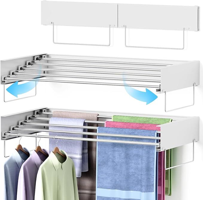 Wall Mounted Drying Rack, Laundry Clothes Drying Rack Foldable, Collapsible Hanger Clothing Wall Mount with 2 Towel Handles and Wall Template for Indoor Outdoor Hanging Clothes, 5 Rods, 31.5 Inch