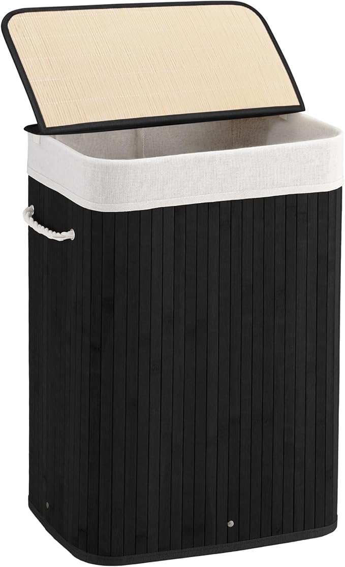72L Slim Laundry Hamper with Lid, Foldable Bamboo Clothes Laundry Basket with Handles, Removable and Machine Washable Liner, for Bedroom, Bathroom, Dorm, Ink Black