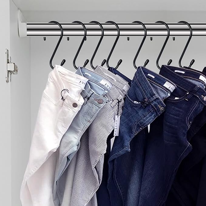 HiGift 6 Inch Large S Hooks for Hanging Plants, Non Slip Vinyl Coated S Hooks Heavy Duty, Metal Black Closet Hanger Hooks for Hanging Plant Jeans Pot Pan Clothes Purses Towel Bags Scarfs- 8 Pack