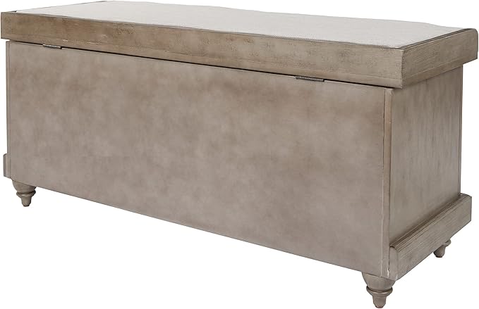 OSP Home Furnishings Dover Coastal Lift-Top Storage Bench with Shutter Face Styling, Antique Grey Finish with Off-White Linen Fabric Cushion