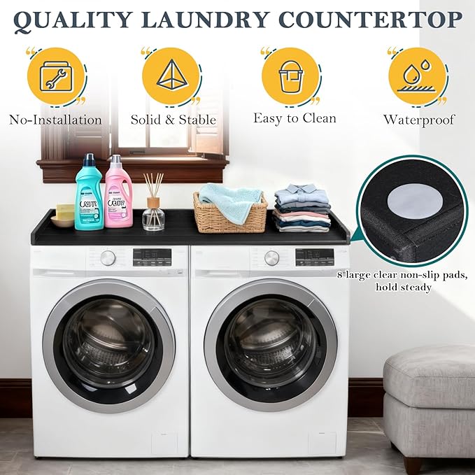 HDPE Washer Dryer Countertop, 54” x 27” No-Installation Laundry Countertop for Folding Clothes, Waterproof Washer and Dryer Topper with Raised Edge, Non-Slip Pads & Hooks (Black)