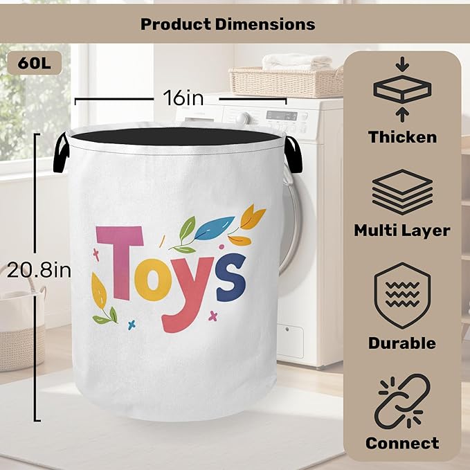 Toys Foldable Canvas Laundry Basket with Handles - Toy Organizer, Heavy Duty for Home，Bedroom, Dorm, Bathroom