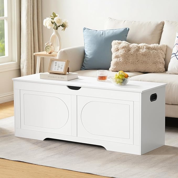 Storage Chest, 47.2” Toy Box, Entryway Storage Trunk, Shoe Bench with Storage, Engineered Wood Storage Cabinet with 2 Safety Hinges, Entrance Bench for Living Room, White SCWT2201