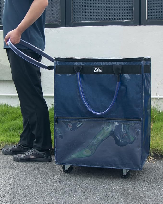 (Large, Dk Blue) Reusable Grocery Bag on Wheels, Shopping Bags with Wheels and Handle, Folding Rolling Tote, Zipper Cover, Carries Up to 76 LBS, for Laundry, Picnic