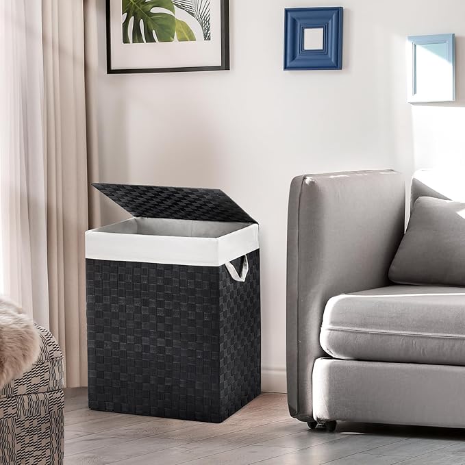 YOUDENOVA Handwoven Laundry Basket Hamper with Removable Liner Bag and Lid, Collapsible Clothes Hamper with Handle, Black