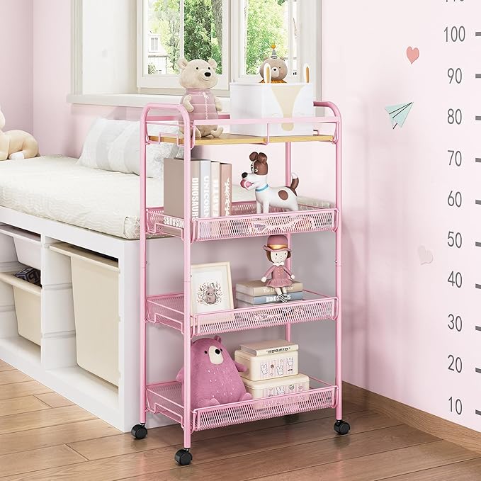 TOOLF 4-Tier Rolling Cart, Metal Utility Cart, Slide Out Storage Cart with Wooden Tabletop and Mesh Baskets, Easy Assemble Trolley for Kitchen Bathroom Laundry Room Bedroom Apartments Dormitory