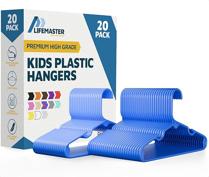 Lifemaster Plastic Kids Clothes Hangers – Children Clothes Hanger with Shoulder Notch, 11.6 Inch Space-Saving Closet Organizer for Baby, Toddler, and Kids Clothing, Hold Up to 5 lbs, Pack of 20, Blue