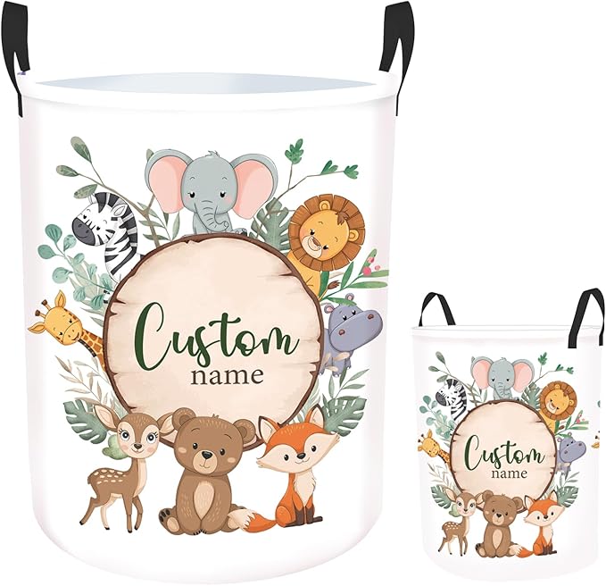 Personalized Baby Basket for Laundry, Custom Name Laundry Baskets for Kids Girls Boys Adults, Customize Kids Clothes Hamper, Safari Animals Print Storage Basket with Handles