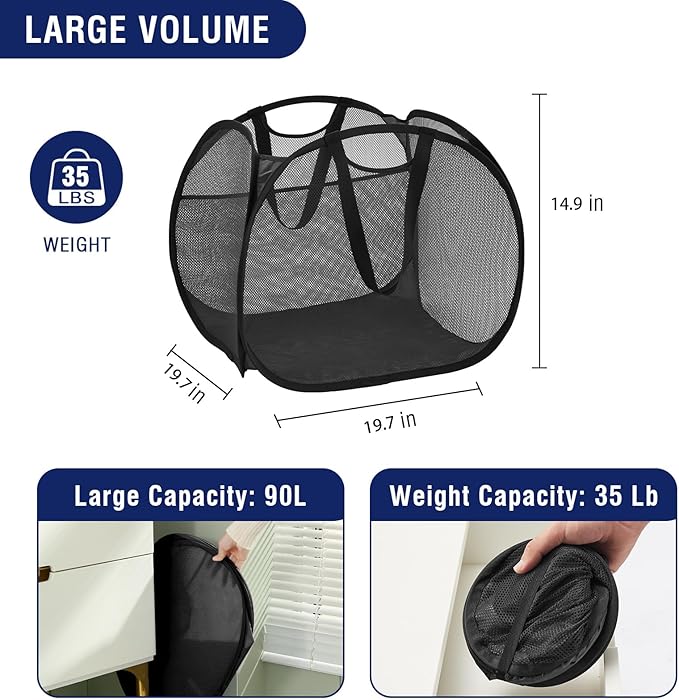 TECHMILLY Collapsible Mesh Pop Up Laundry Hamper with Strong Handles, Large Opening Clothes Hamper with Side Pockets, Storage Baskets for Dorm, Laundry Room, Bathroom or Travel (Black, 90L, 2Pack)