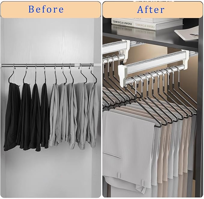 Pull Out Clothes Hanger Rod Adjustable Wardrobe Clothing Rail Hanger Rack Bar for Pants Clothes tainless Steel (347mm/13.7inch)