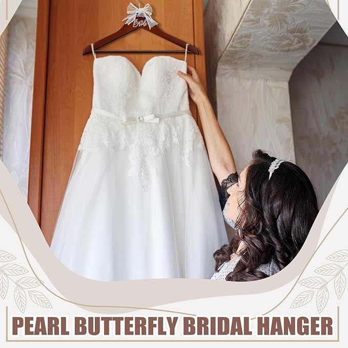 Bride Wedding Dress Pearl Mrs. Hanger with Pearl Ribbon Bow Elegant Wooden Dress Hanger to Be Ideal Keepsake for Wedding Day Gift (Walnut,Bride)