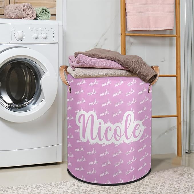 Custom Name Laundry-Hamper, Personalized Pink Kids-Clothes-Hamper Foldable with Name, Customized Storage Basket with Handles Waterproof Gift for Boys Girls Baby Women