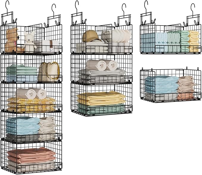 5 Tier Hanging Closet Organizer with Adjustable Dividers, Heavy-Duty Storage Shelves for Clothing, Kitchen, Laundry Room, Extra Large Baskets, 15.7" W x 11.8" D x 51" H, Black