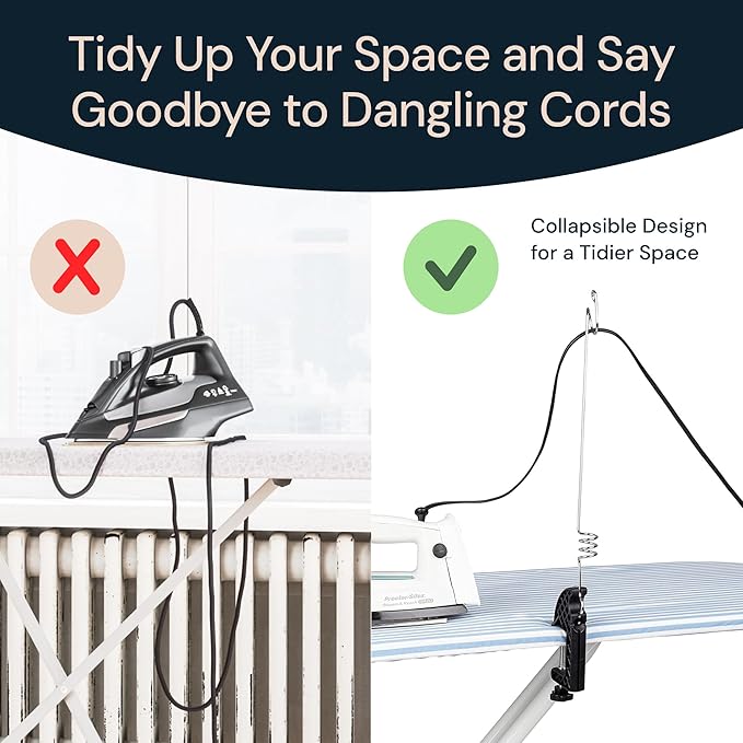 Flexible Iron Cord Holder - Metal, Tabletop Mount - Tangle-Free Pressing & Ironing Board Cord Holder - Universal Fit & Steam Compatibility