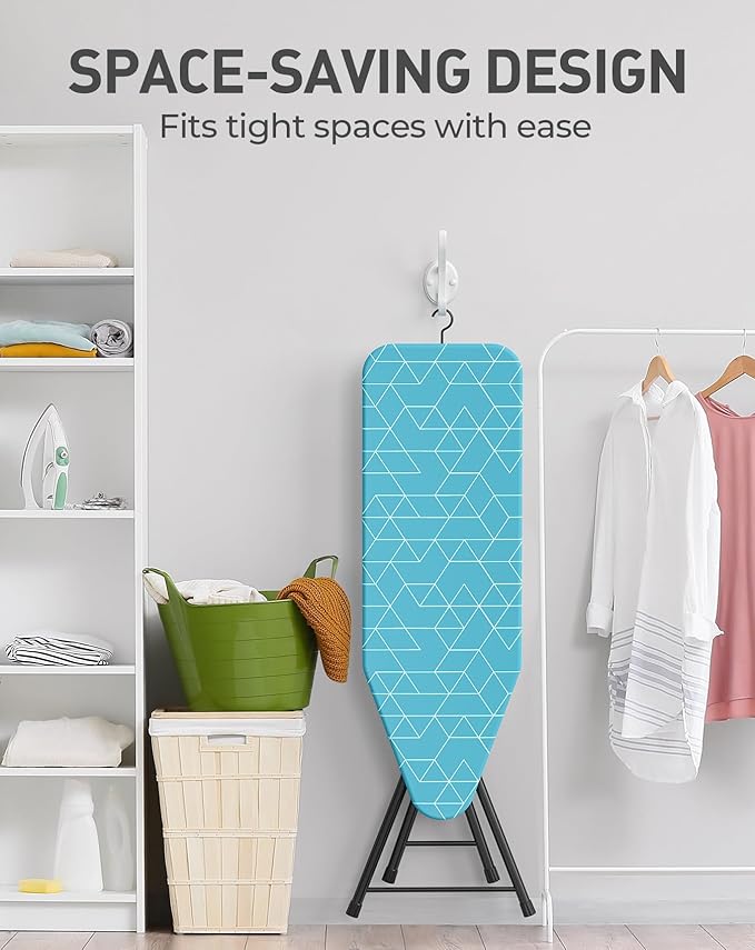 LyriFine Ironing Board, 2-in-1 Flat and Hanging Board, Sturdy Steel Frame Iron Board with Non-Slip Feet, Heat Resistant Cover Iron Board, Foldable Ironing Board Full Size with Hook, 14″ x 43″ Blue