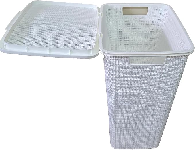 YBM Home Plastic Rattan Laundry Hamper Basket with Hinged Lid, Ventilation Holes, Durable, Lightweight Bin With Cutout Handles, Storage Dirty Clothes, Space Saver, 16.75" x 13.5" x 23.75",White,6-Pack