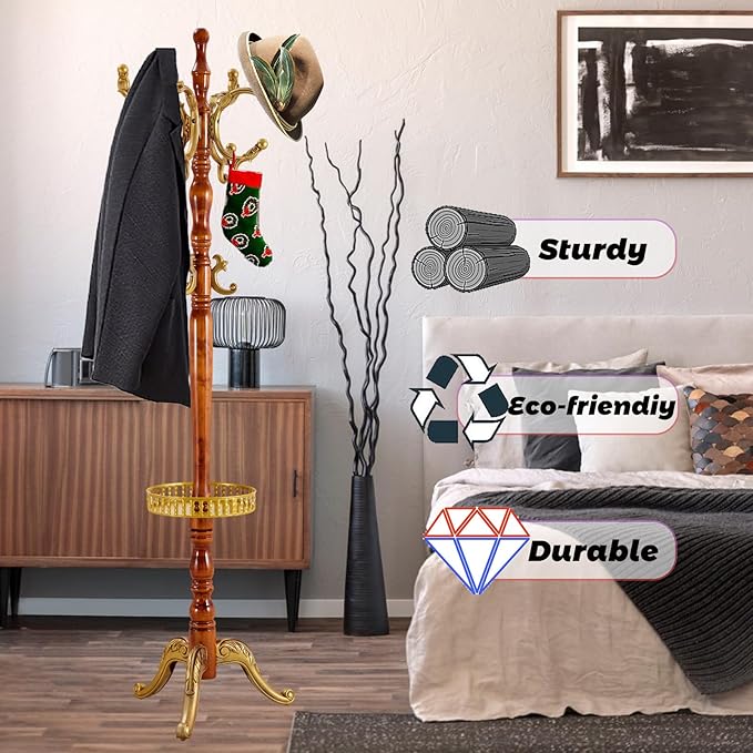 73 in Wood Coat Rack, Coat Rack Freestanding with Stable Round Base, Adjustable Height Tree Coat Racks Stand for Home Bedroom Office Hallway Entryway (Begonia Tray)