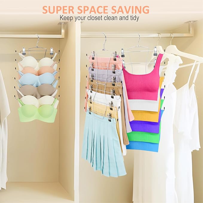 2 Pack 6 Tier Pants Hangers Space Saving, Skirt Hangers Closet Organizers and Storage with Clips Holds 24 Skirts/Pants/Jeans/Shorts/Lingeries, Foldable Metal Hooks,for Dorm Room Essentials Déco
