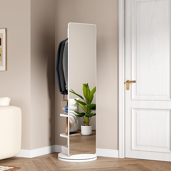 CHANCEE 360° Rotating Mirror Coat Rack, Solid Wood Standing Mirror with Storage Hooks and Shelves, Space-Saving Multifunctional Organizer for Bedroom, Living Room, or Cloakroom (White)