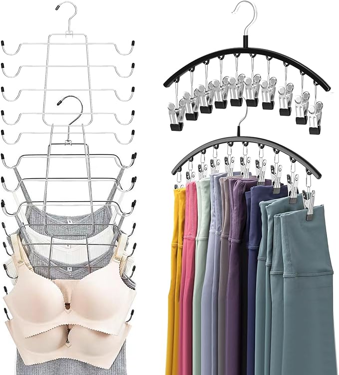2 Pack Vest Hanger and 2 Pack Leggings Organizer Save Space, Sports Bra Metal Yoga Pants Hanger, Hanging Closet Organizer with 20 Clips and Storage for Hats Vests Shorts