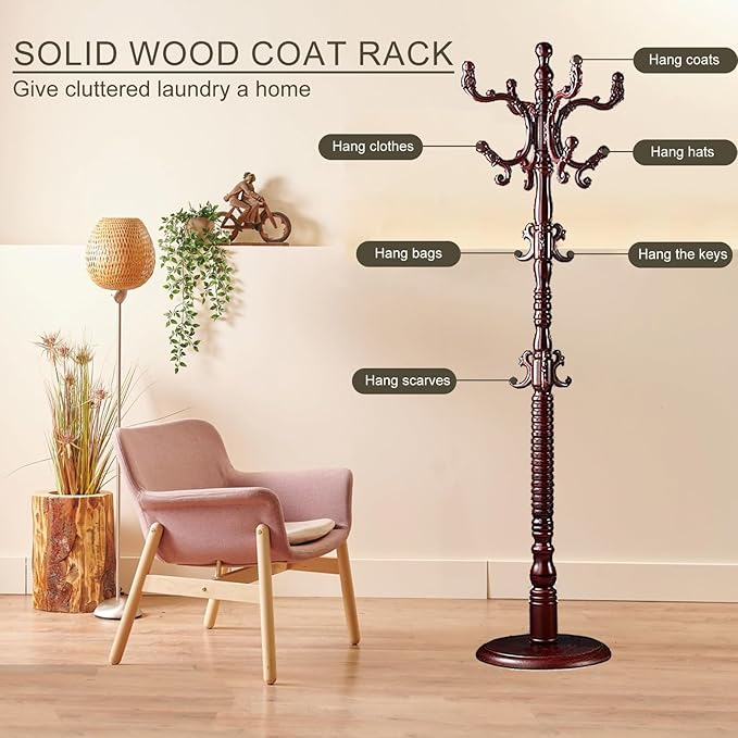 Coat Rack Freestanding, Wooden Coat Tree Stand with 14 Hooks, Easy Assembly with Stable Disc Base for Bedroom, Hallway, Entrance Office for Hats, Coats, Scarves (Mahogany color)