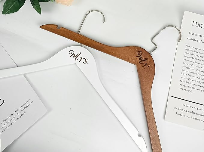 Mr. and Mrs. Wooden Bride Hanger, Wedding Dress Hangers, Set of 2 (White + Vintage)