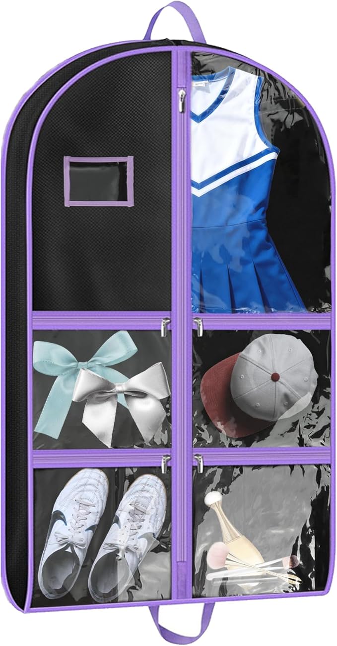 Cheer Garment Bags, Garment Bag, Hanging Clothes Bag,Waterproof Multifunctional Dust Cover with 4 Transparent Pockets & Business Card Bag,Install for Dance Costumes Storage Travel