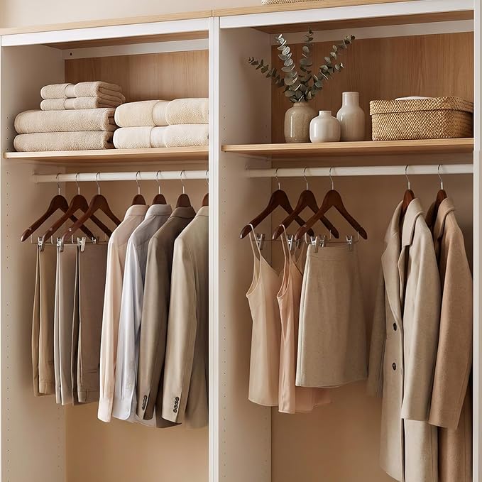 HOUSE DAY Wooden Hangers with Clips 12 Pack, Heavy Duty Walnut Wood Pants Hanger, Premium Skirt Hanger with Adjustable Clips, Solid Clip Hangers for Suit, Blouse, Dress, Coat, Jacket, Bottom