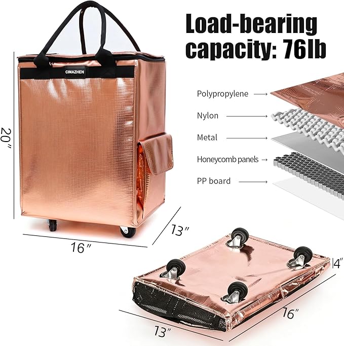 (Medium,Rose Gold) Reusable Grocery Bag on Wheels, Foldable Rolling Tote Bag with 3 Handles and Zipper, Storage Organizer for Clothes & Groceries, Rolling Shopping Cart, 76lb