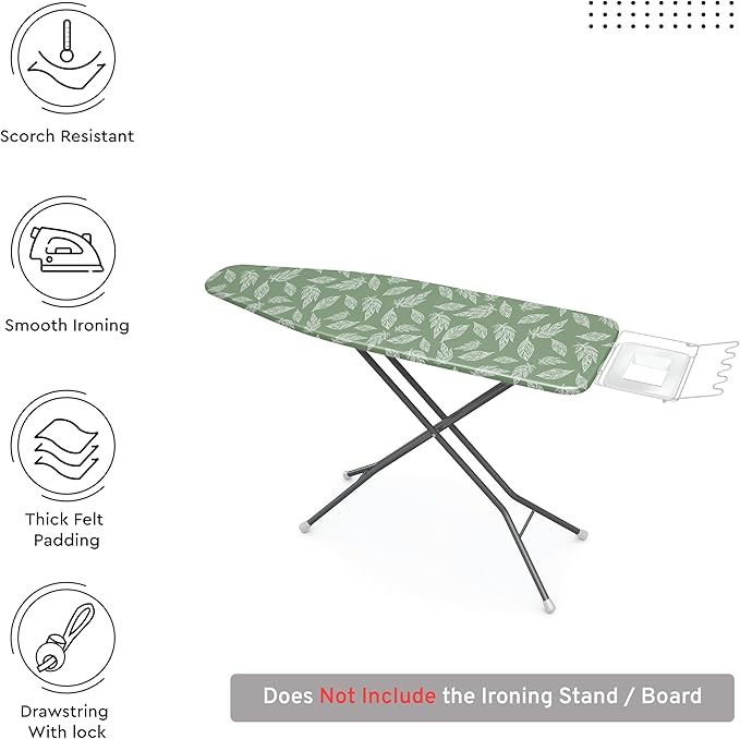 Encasa XO Ironing Board Cover and Pad 54"x18" - Thick 3mm Felt Padding, Drawstring Tightening & Lock, Easy Fit, Scorch & Stain Resistant, Fits X-Large Ironing Board - Big Leaves Green