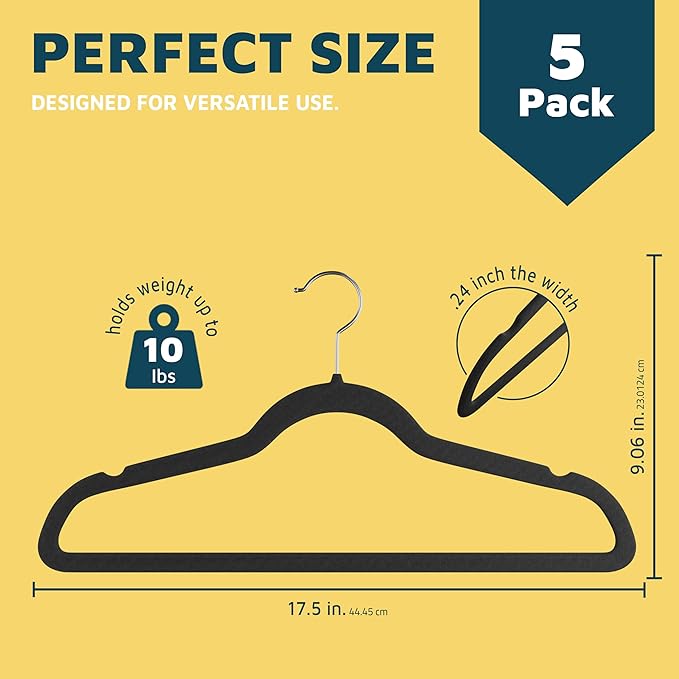 Lifemaster Velvet Clothes Hangers – with 360 Degree Swivel Hook and Non-Slip Shoulder Notch, Holds Up to 10 lbs, Heavy Duty Hanger Set, for Organizing Suit, Dress, Coat, and Clothes, Pack of 5, Black