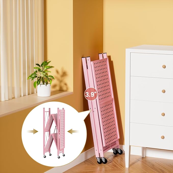 ALANNG Heavy Duty 3-Tier Folding Shelf with Wheels, No Tools Assembly Metal Storage Rack Cart for Kitchen, Pantry, Laundry Room, Garage, Pink