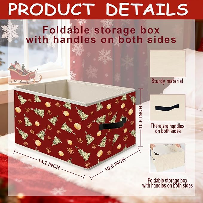 Christmas Tree Storage Bins, Red Christmas Bauble Winter Snowflakes Holiday Foldable Closet Organizers Storage Basket Toybox for Clothes Bed Sheets Blankets Toys
