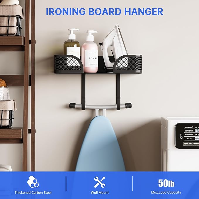 Ironing Board Holder Wall Mount, Metal Ironing Board Hanger, T/V Shaped Space Saving Iron and Iron Holder, Laundry Room Decor and Storage with Large Storage for Laundry/Living Room/Bathroom