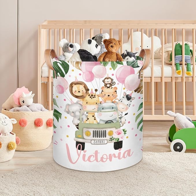 Personalized Laundry Basket, Custom Gift Laundry Hamper, Collapsible Nursery Waterproof Laundry Baskets, Dirty Clothes Toy Hamper with Handles Jungle Safari Animals