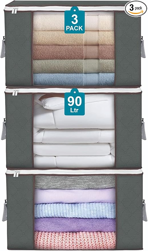90L Large Storage Bags for Clothes,Blanket and Comforter, 3 Pack Foldable Clothes Storage Bins for Closet Organizer, Storage Containers with Handle, Storage Box