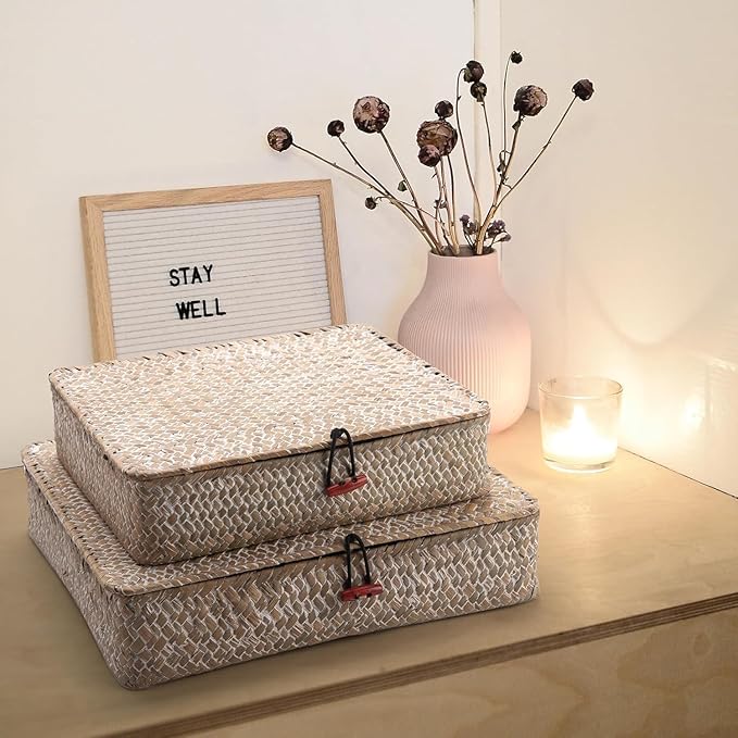 Seagrass Storage Baskets with Lid, Flat Wicker Basket, Shallow Woven Basket for Shelf, Decorative Storage Boxes for Organizing, Whitewash