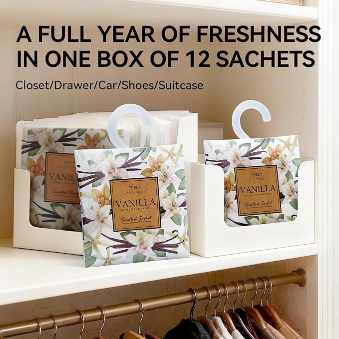 12 Pack Large Vanilla Scented Sachets – Hanging Closet & Drawer Deodorizer & Air Freshener, Long-Lasting Aroma