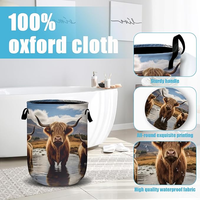 Scottish Highland Cattle Laundry Basket, Laundry Hamper Collapsible Oxford Cloth with Handle Clothes Toy Storage Bin for Bathroom Laundry Room Bedroom 15.7 X 20 Inch