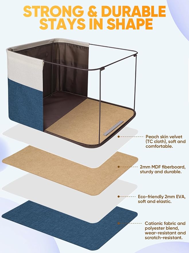 BALEINE 3 Pack Fabric Storage Bins for Shelves, Linen Storage Baskets for Organizing, Decorative Closet Bins for Clothes, Home (Navy Blue, 14''x10''x8.5'')