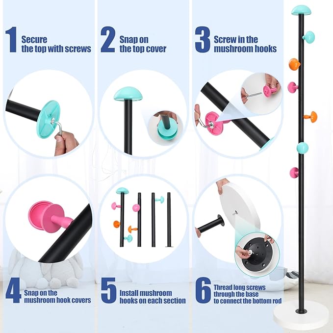 Heavy-Duty Kids Coat Rack - 6 Decorative Hooks, Easy to Assemble Metal Organizer - Tenant Friendly, Space Efficient for Coats, Hats, Bags in Children's Room