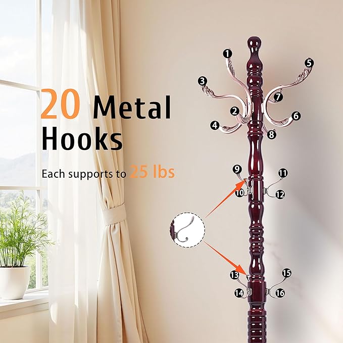 Solid Wooden Coat Rack Stand, Freestanding Coat Racks Tree with 20 Metal Hooks and 3 Adjustable Heights, Coat Hanger Stand with Sturdy Base for Coats,Hats,Bags, Living Room Bedroom Entryway Use