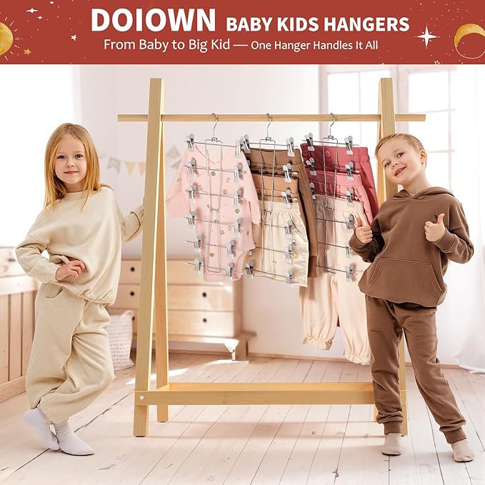 DOIOWN 6-Tier Baby Hangers with Clips - Space Saving Kids Pants Hangers for Babies & Kids Pant,Clothe,Adjustable Toddler Clothes Hanger for Newborn Children Closet Organization Gray 4Pack