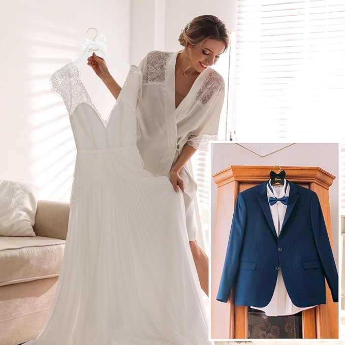 2 Pcs Bride Hanger and Groom Wedding Wooden Hanger with Letter and Bow Tie for Tuxedo Suit Bridesmaid Bridal Wedding Gift Bridal Party Shower (Classic)