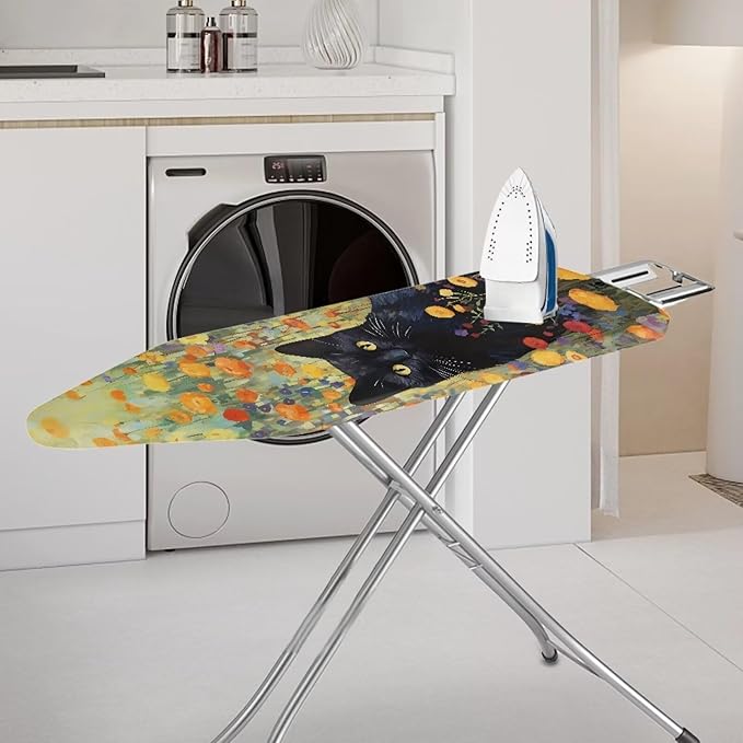 GLENLCWE Black Cat Floral Ironing Board Cover Standard Sizes 15x54 Inch,Cute Cat Print Iron Board Cover Replacement Protector with Elastic Edge and Hook and Loop