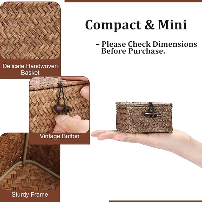 Mini Seagrass Basket Handwoven Small Wicker Basket with Lid Square Portable Storage Baskets for Key Jewelry Decorative Organizer Box for Shelf, 3.5"L x 3.5"W x 2"H
