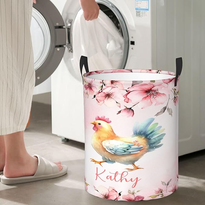Personalized Chicken Laundry Basket For Baby Kids Boys Girls Adult Custom Hamper Basket With Name For Bathroom Bedrooms Collapsible Baby Dirty Clothes Hamper With Handles