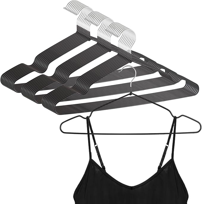 30 PCS Metal Hangers with Rubber Coating, Heavy Duty Non-Slip Clothes Hanger, Suit Hangers with Round Notches, Black Coat Hanger for Strap Dresses Jackets Shirts Pants