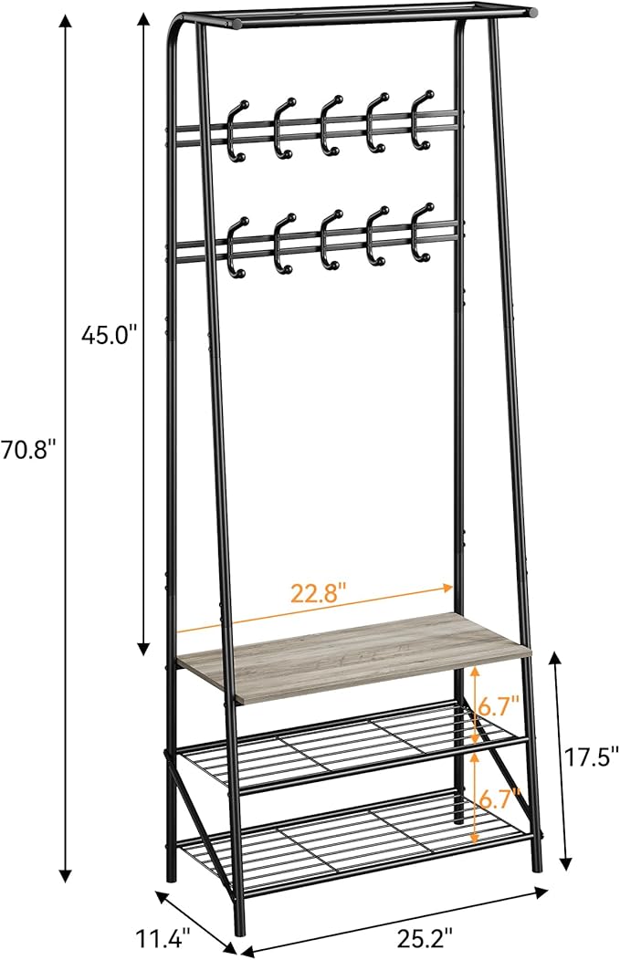 Coat Rack Shoe Bench with Double-Row 10 Hooks 60cm Width, 3-Tier Shelf Entryway Hall Tree with Storage, Metal Frame Multifunctional Organizer, 4-in-1 Coat Rack for Bathroom, Hallway.Grey.