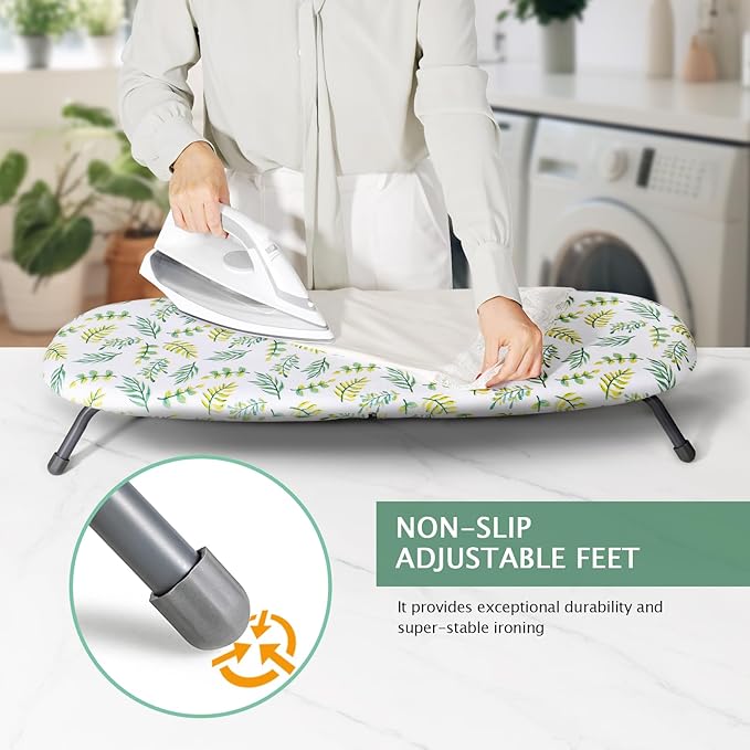 SheeChung Small Ironing Board 12"x32",Table Top Mini Ironing Boards with Heat Resistant Cover and Pad,Foldable Tabletop Ironing Board with Non-Slip Feet for Dorms Travel Use,Leaf